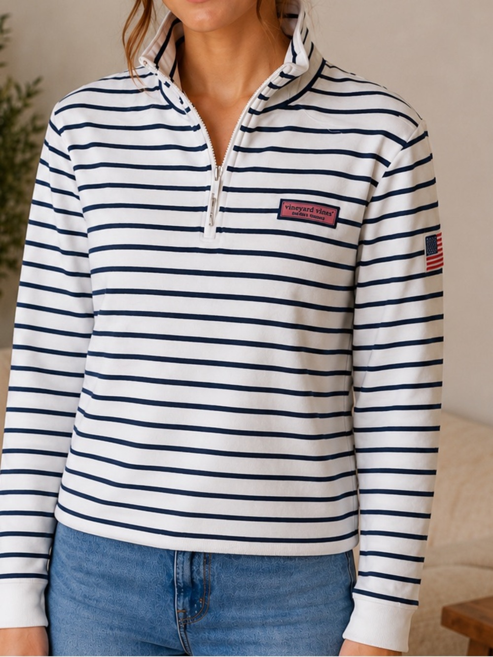 Vineyard Vines Striped Quarter Zip Pullover Navy White Preppy Small